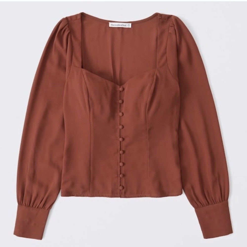 ABERCROMBIE & FITCH Brown Feminine Corset Style Long-Sleeve Button V-Neck Blouse
